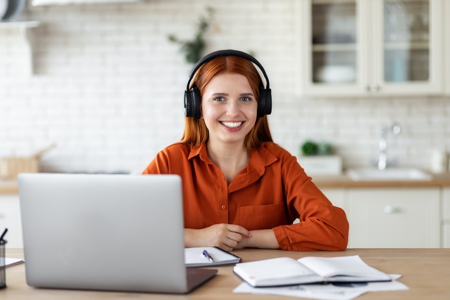 Online learning, portrait of beautiful teacher